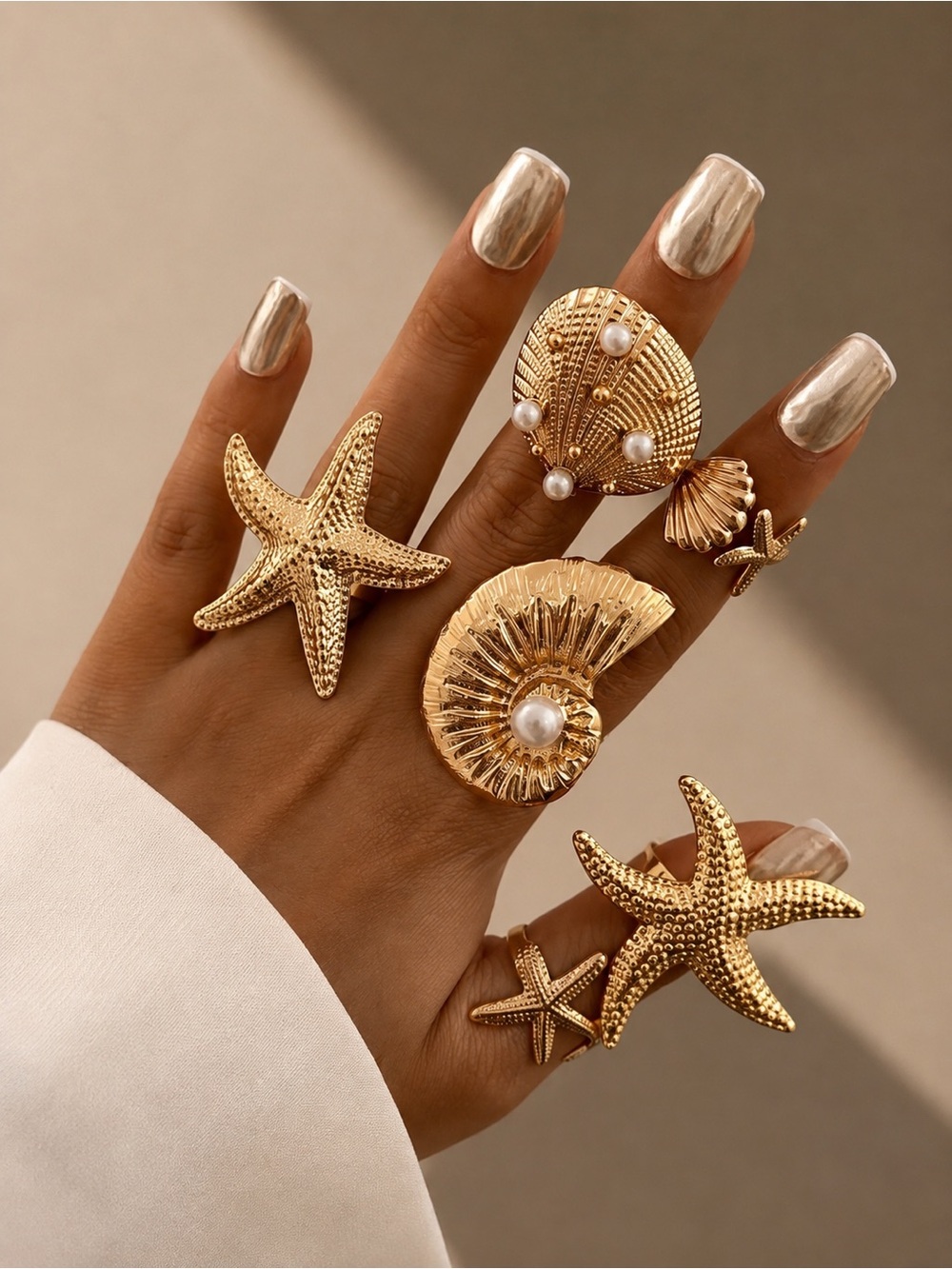 Gold Tone Coastal Statement Ring Set Starfish Shell Pearl Ocean Jewelry